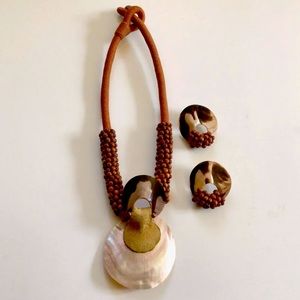 Handmade shell and wooden bead necklace and earrings set